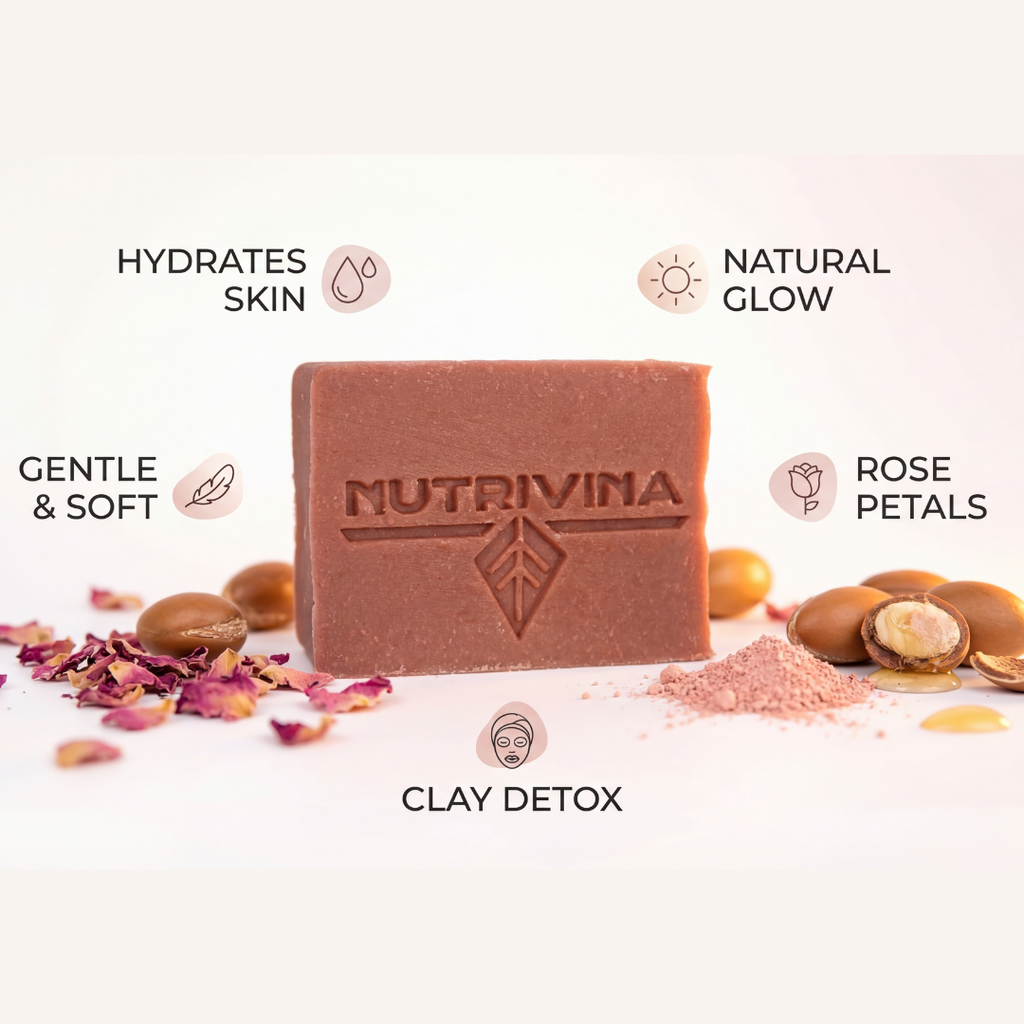 Jabón facial en barra con aceite de argán, arcilla y pétalos de rosa - Desmaquillante de lujo para mujeres