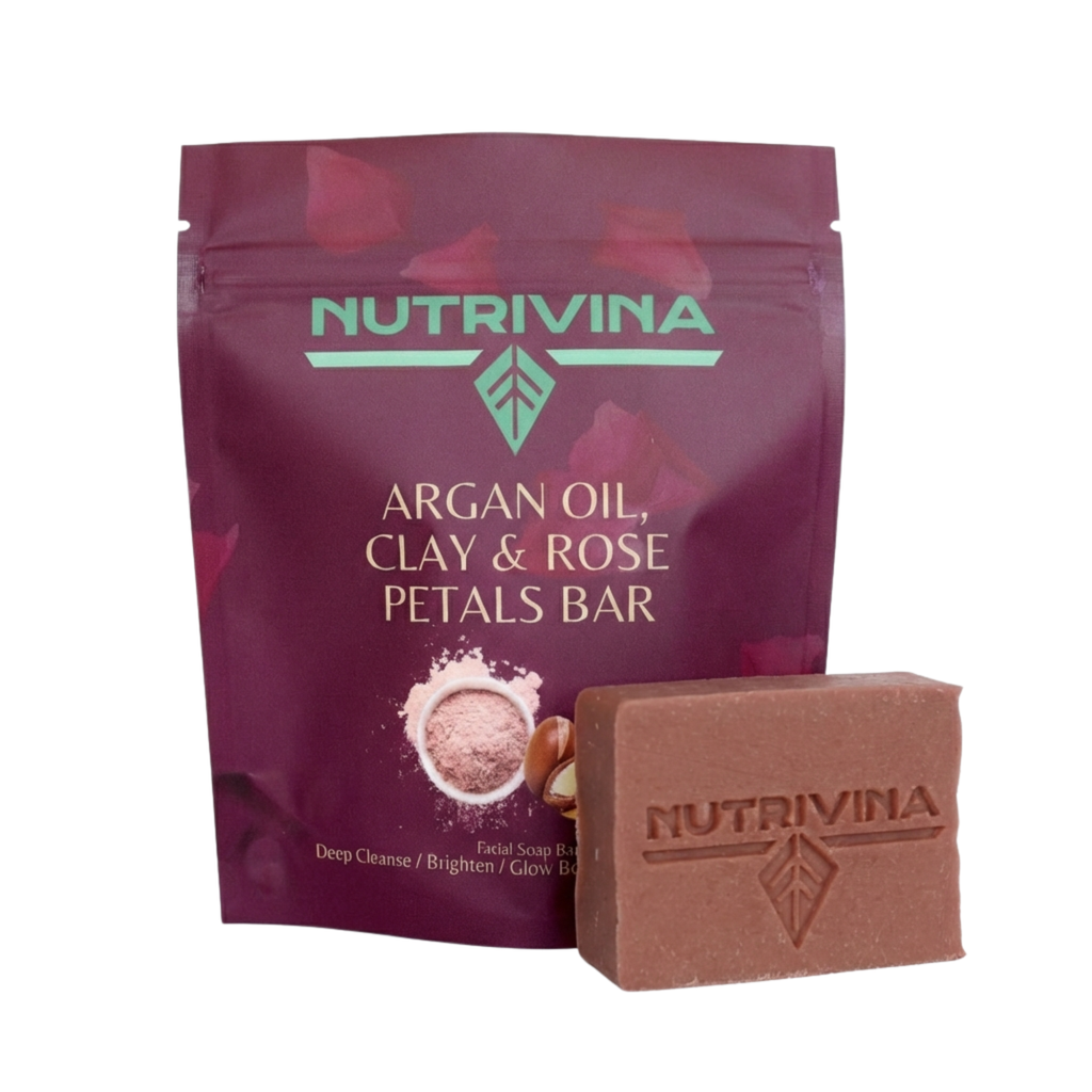 Jabón facial en barra con aceite de argán, arcilla y pétalos de rosa - Desmaquillante de lujo para mujeres