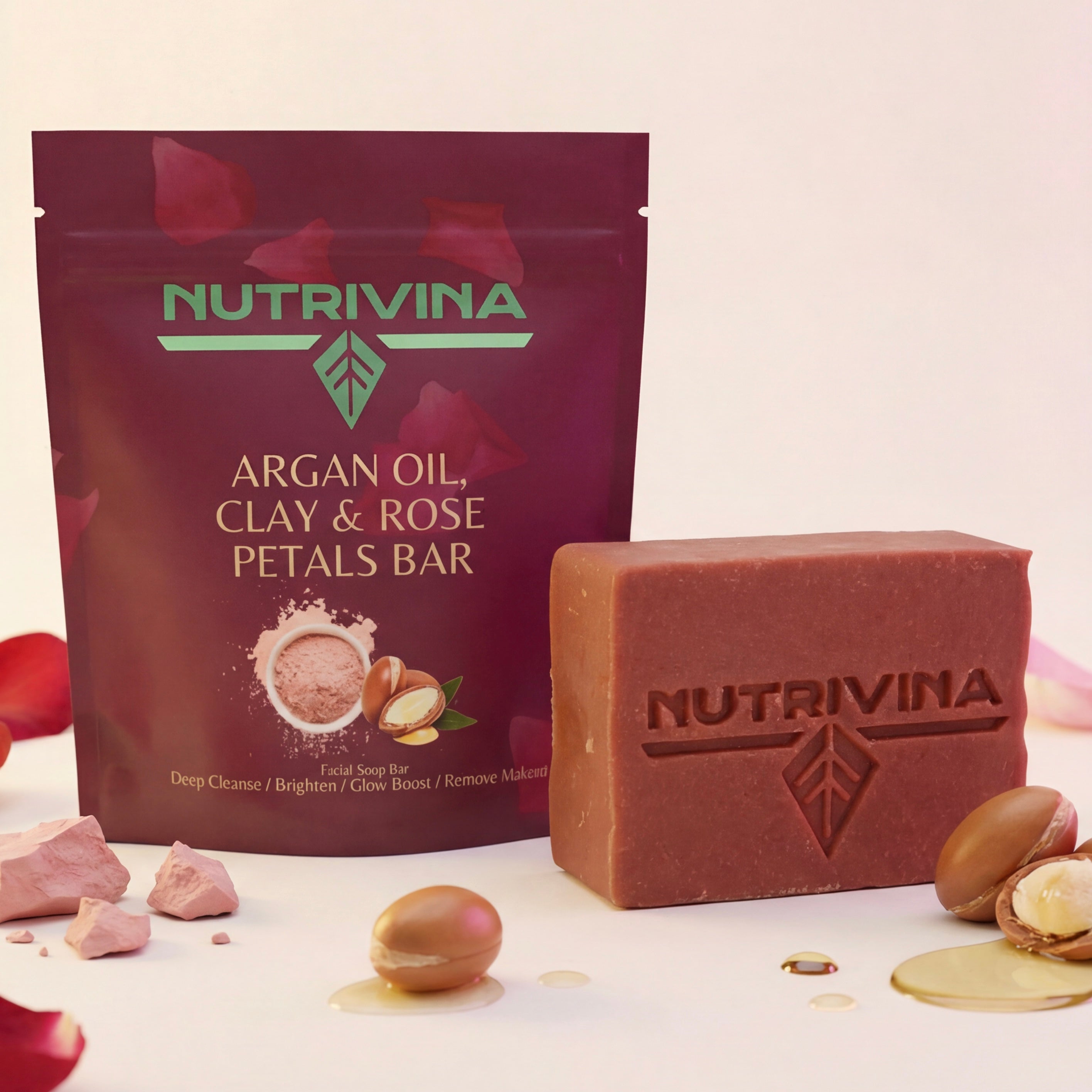 Argan Oil, Clay & Rose Petals Facial Bar Soap - Luxury Makeup Remover for Women